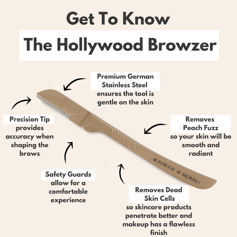 Hollywood Browzer Hair Removal and Dermaplaner - Eyebrow Razor for Women - Removes Peach Fuzz - Travel Size Eyebrow Grooming Kit - Gold - 1 pc