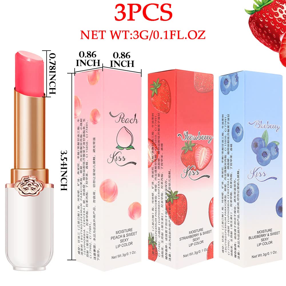 Magic Color Changing Lipstick - Long Lasting Waterproof Lip Balm | 3 Shades: Peach, Strawberry, Blueberry