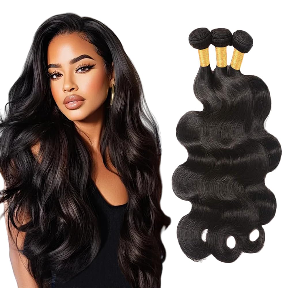 34 34 34 Inch #1B Body Wave Bundles Human Hair 3 Bundles 50 Grams Per Bundle 10A Grade Unprocessed Brazilian Virgin Hair Natural Black Color Body Wave Bundle Weaves Extensions for Black Women