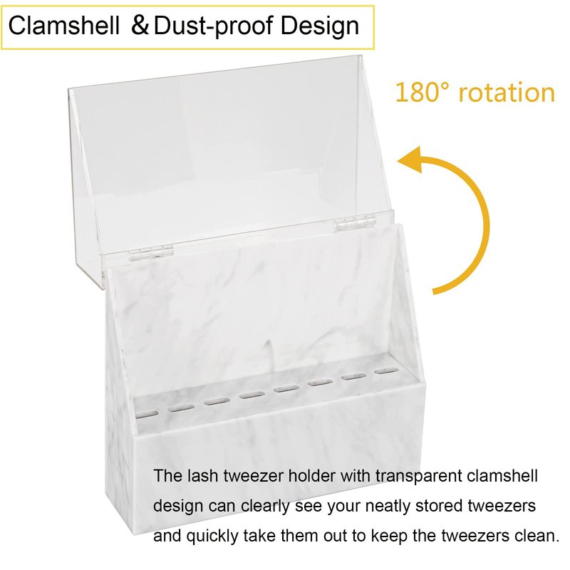 LXIANGN 8 Holes Dust-proof Eyelash Tweezers Holder Case Acrylic Marble Tweezer Stand Display Organizer with Cover for Lash Extensions (white)
