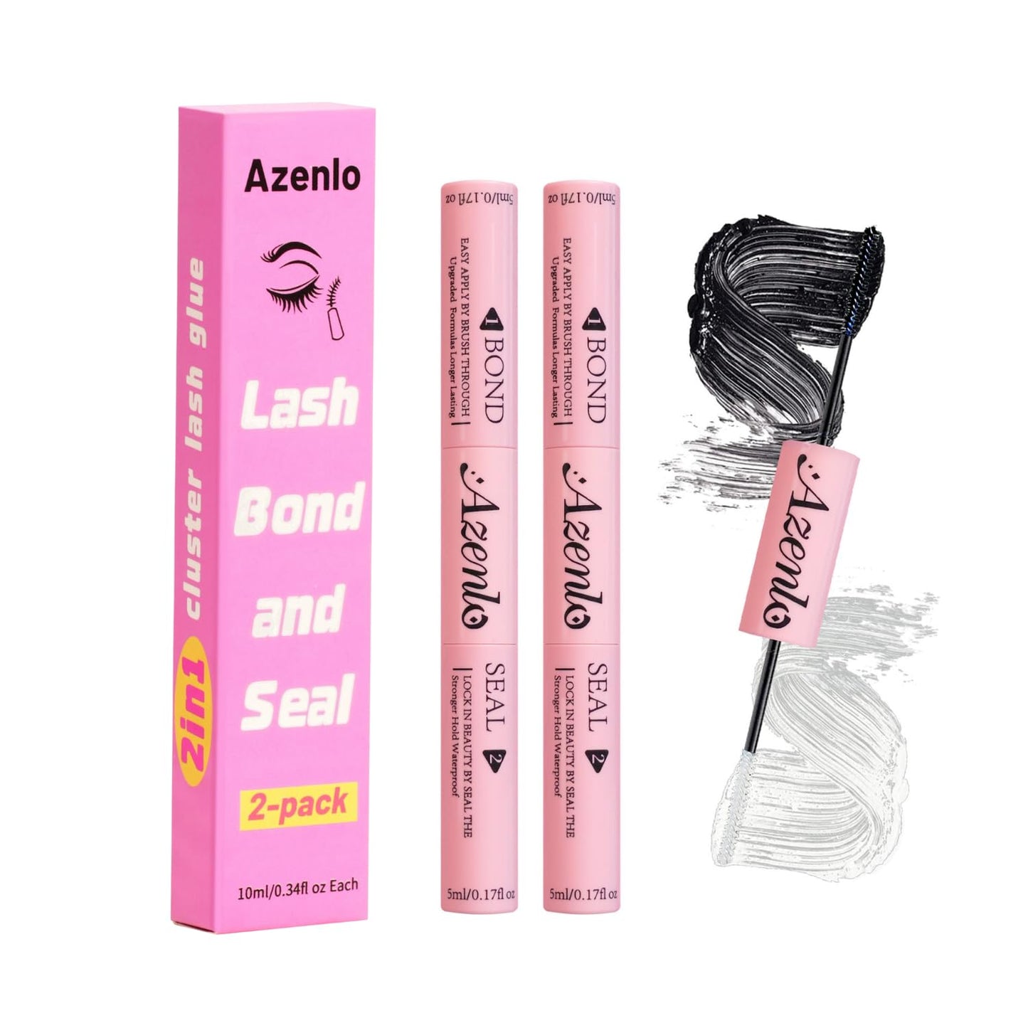 Azenlo 2-Pack Cluster Lash Bond and Seal Glue - Dual-Ended Waterproof Latex-Free Lash Adhesive for Lash Extensions, Strong Hold All-Day Wear & Effortless Application for DIY Lash Clusters