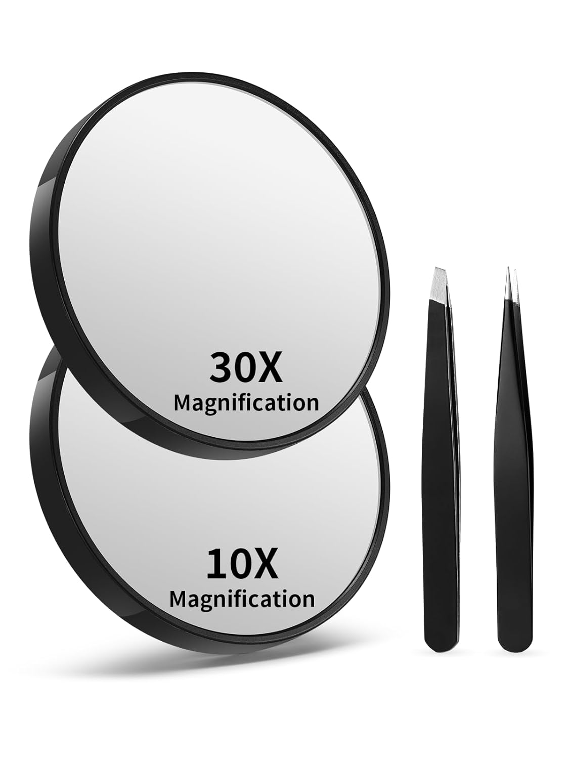 10X/20X/30X Magnifying Makeup Mirror - Suction Cups & Tweezers Set | 3.5 Inches, Black, 3PCS