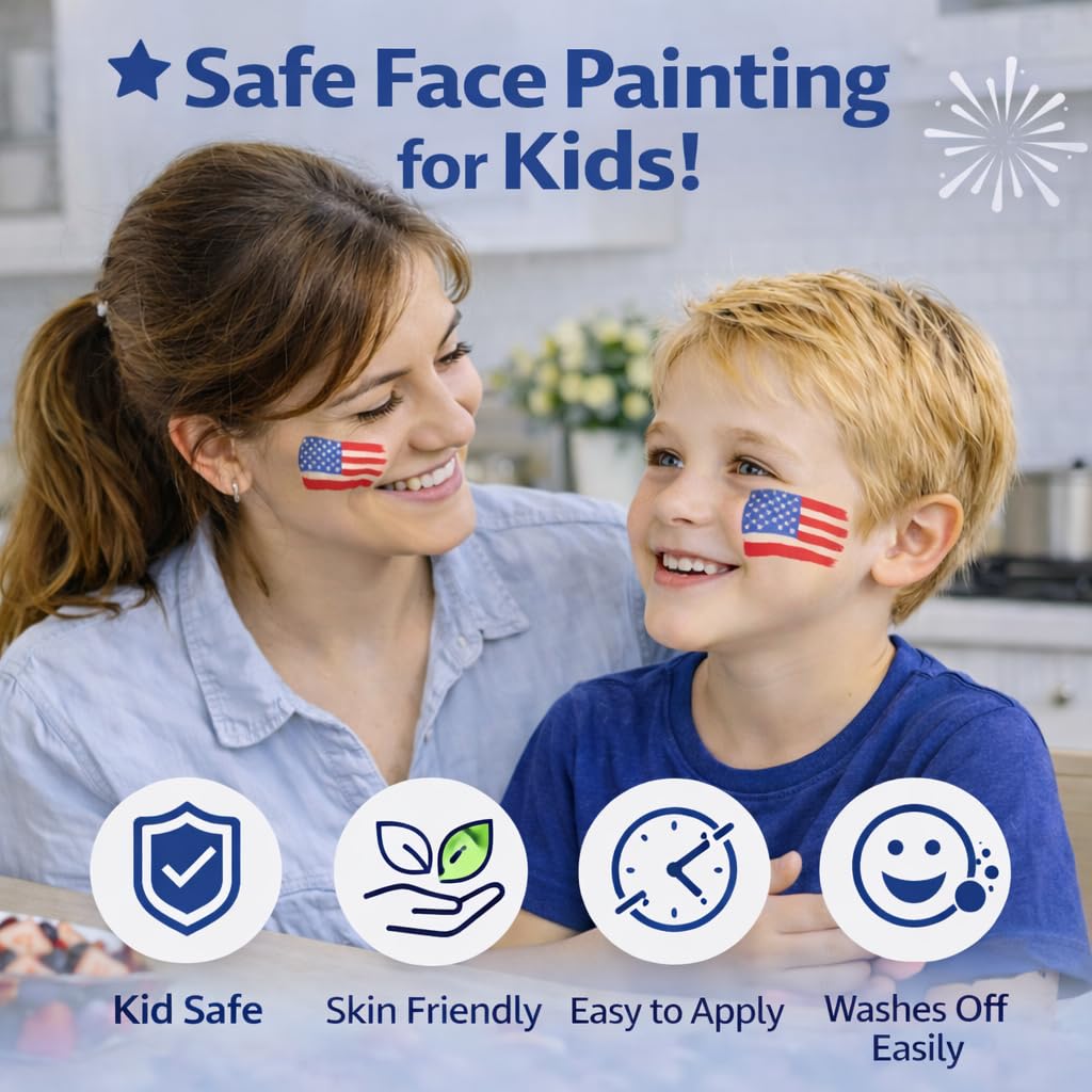 Oiomniv Red White Blue Face Paint Kit for Kids & Adults, Patriotic Face Paint with Glitter, 30 Stencils, Water-Based USA Flag Face Paint for 4th of July, Independence Day, Sports, Parties