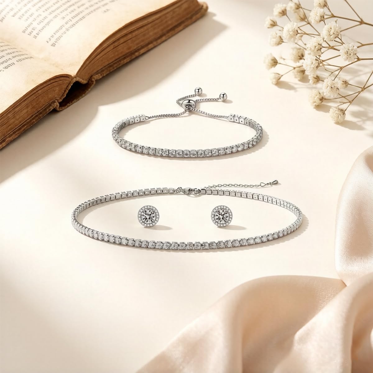 JNUIEU Silver Tennis Necklace and Bracelet Set for Women Wedding Jewelry Sets for Brides Earrings Prom Bridesmaid Jewelry (Silver01)