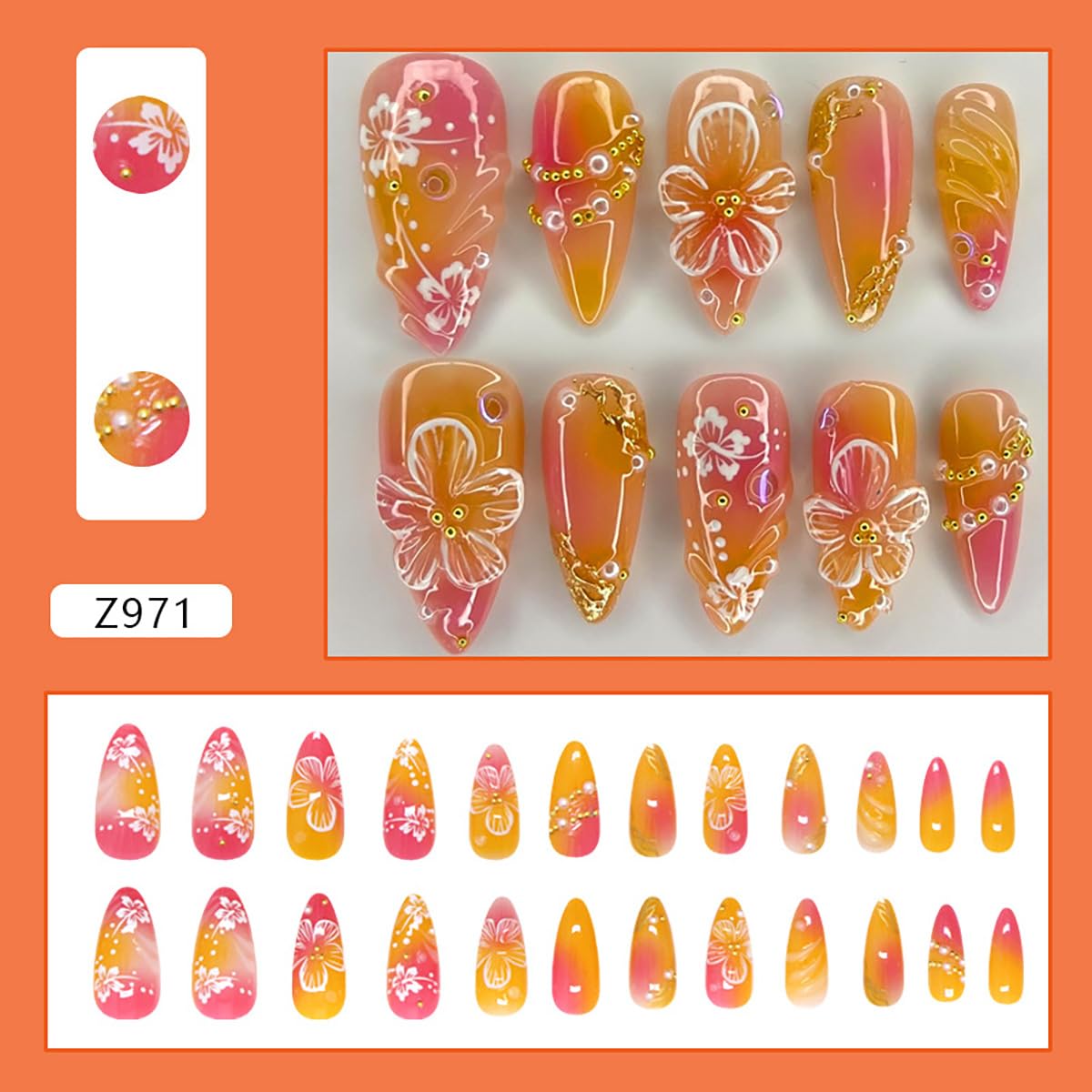 24Pcs Almond Press-On Nails - 3D Floral Design with Gold Pearl Rhinestones | Orange Full Cover Acrylic Nails for Spring & Summer