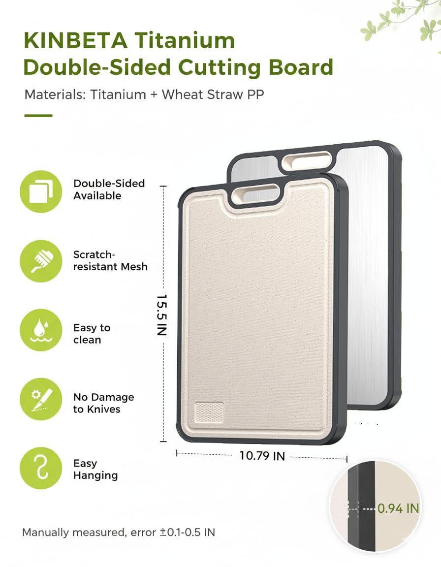KINBETA Titanium Cutting Board for Kitchen, Double Sided 2-in-1 Chopping Board with Grinding Area, Food Grade Non Toxic Metal Cutting Board for Meat & Veggies, Easy to Clean, Large Size 16"×11"