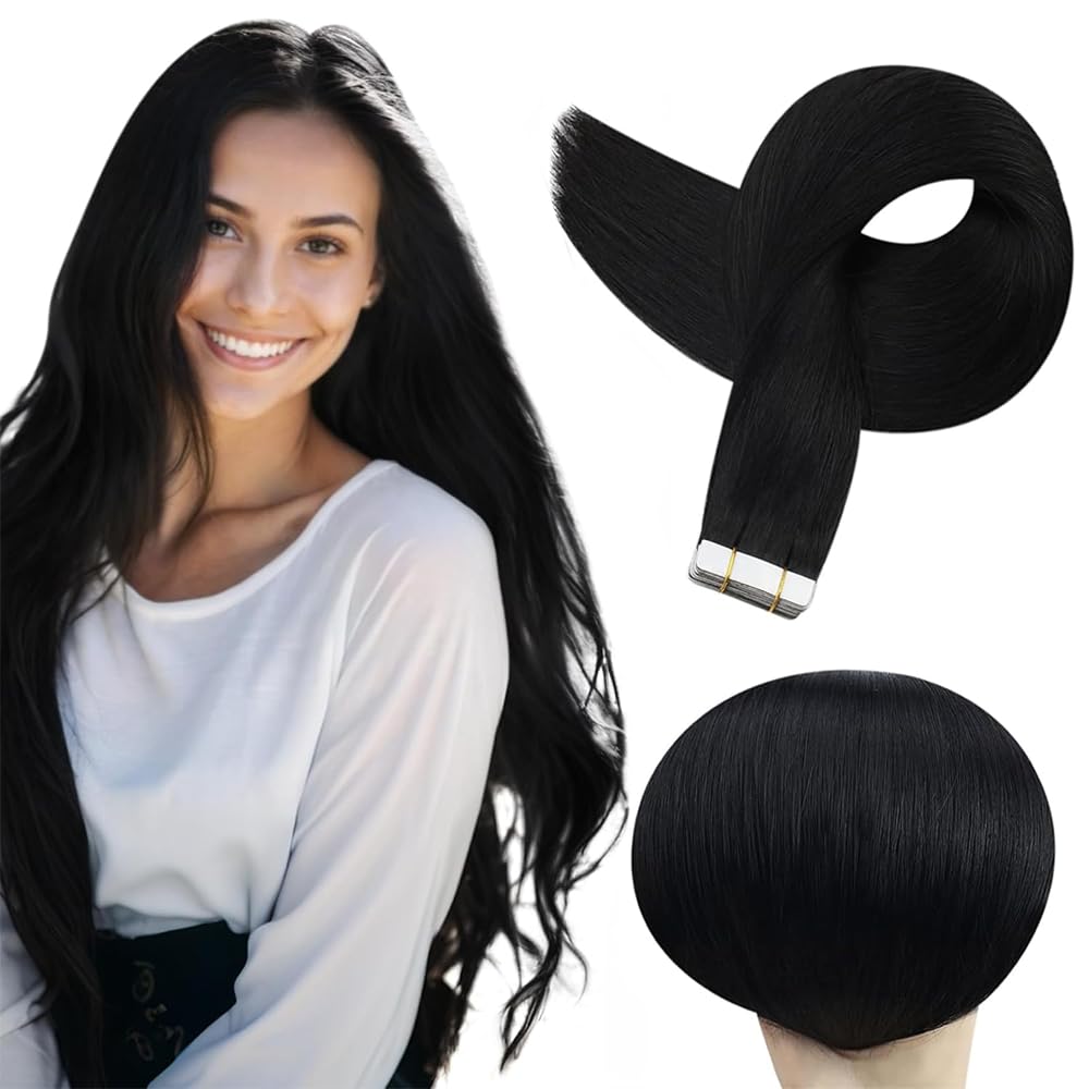 #1B Tape in Extensions Human Hair 24 Inch Natural Black Straight Tape in Seamless Extensions Real Human Hair Skin Weft Seamless Invisible Remy Hair 40g 10Pcs.