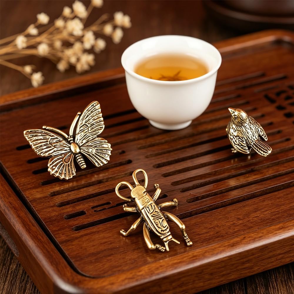 Brass Bug Figurines Set - 3 Metal Statues of Sparrow, Cricket & Butterfly for Home Office Decor