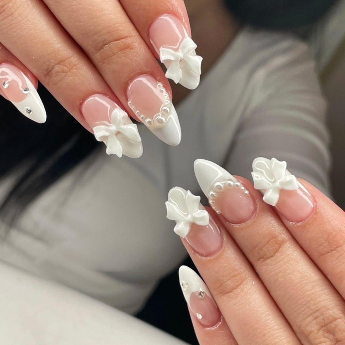 Short Almond Press-On Nails - 24 Pcs French Tip with Leopard Print & Gold Beads | Reusable Acrylic Nail Designs for Women