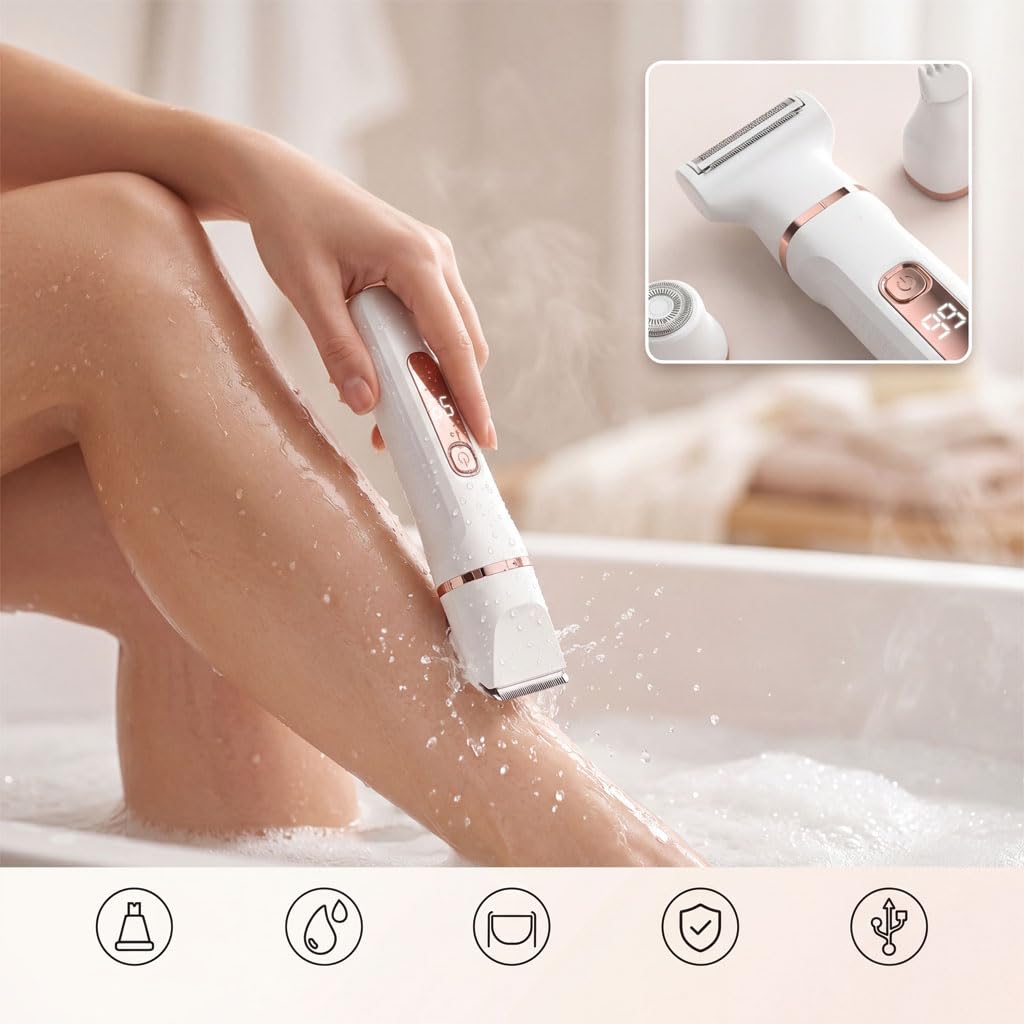 Bikini Trimmer for Women,Electric Shaver for Women, IPX7 Waterproof Razor Shaver,Women's Electric Razor,Intimate Shaver for Women,with 5 Blades,USB-C Rechargeable,Recharge Dock（White