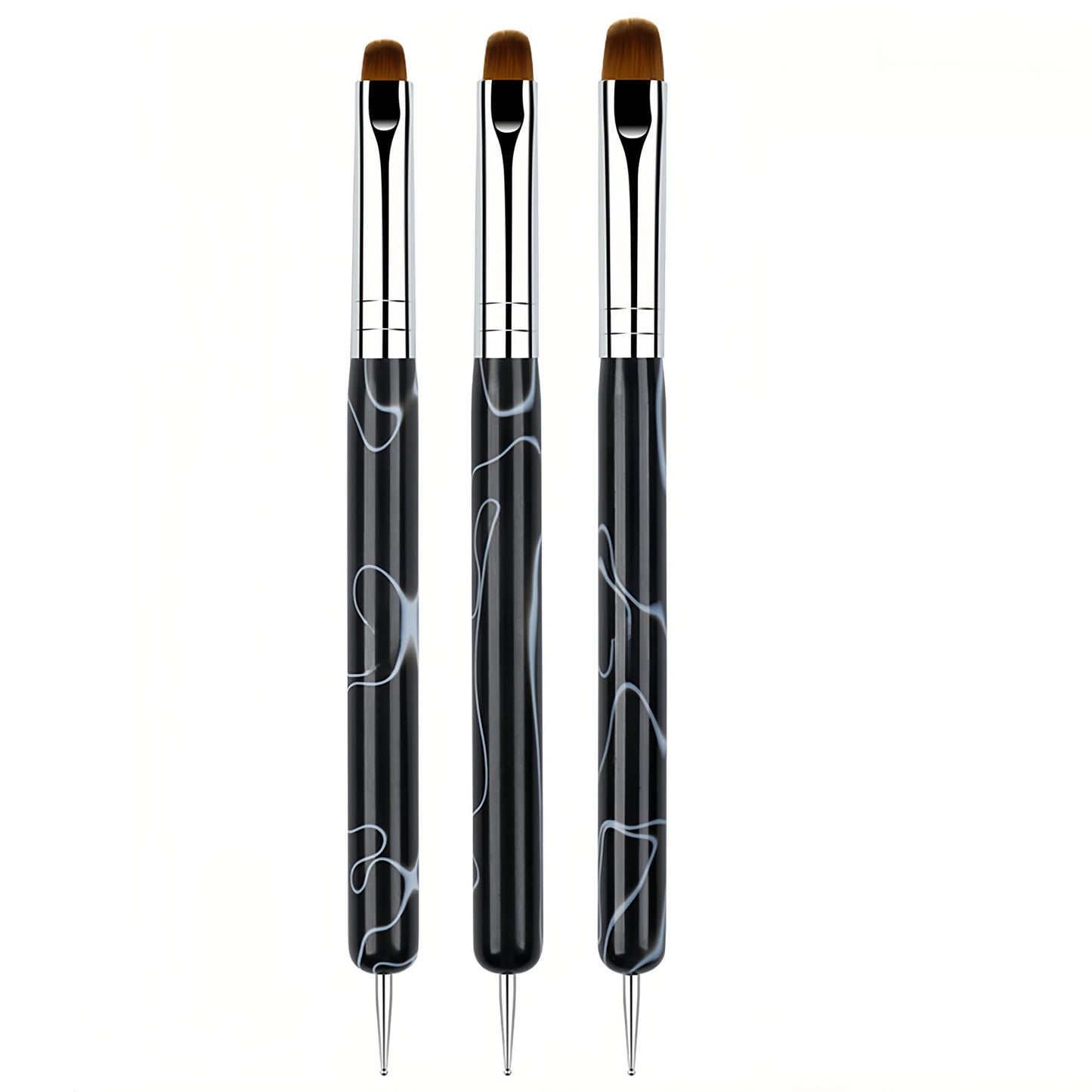3 Pcs French Nail Brush Set, 2 Way Dotting Tool and French Tip Brush, Gel Acrylic Nails Art Design Pen, Nail Clean Up Brushes for Professional Manicure Tools, Size 12#, 14#, 16# - Marble Black