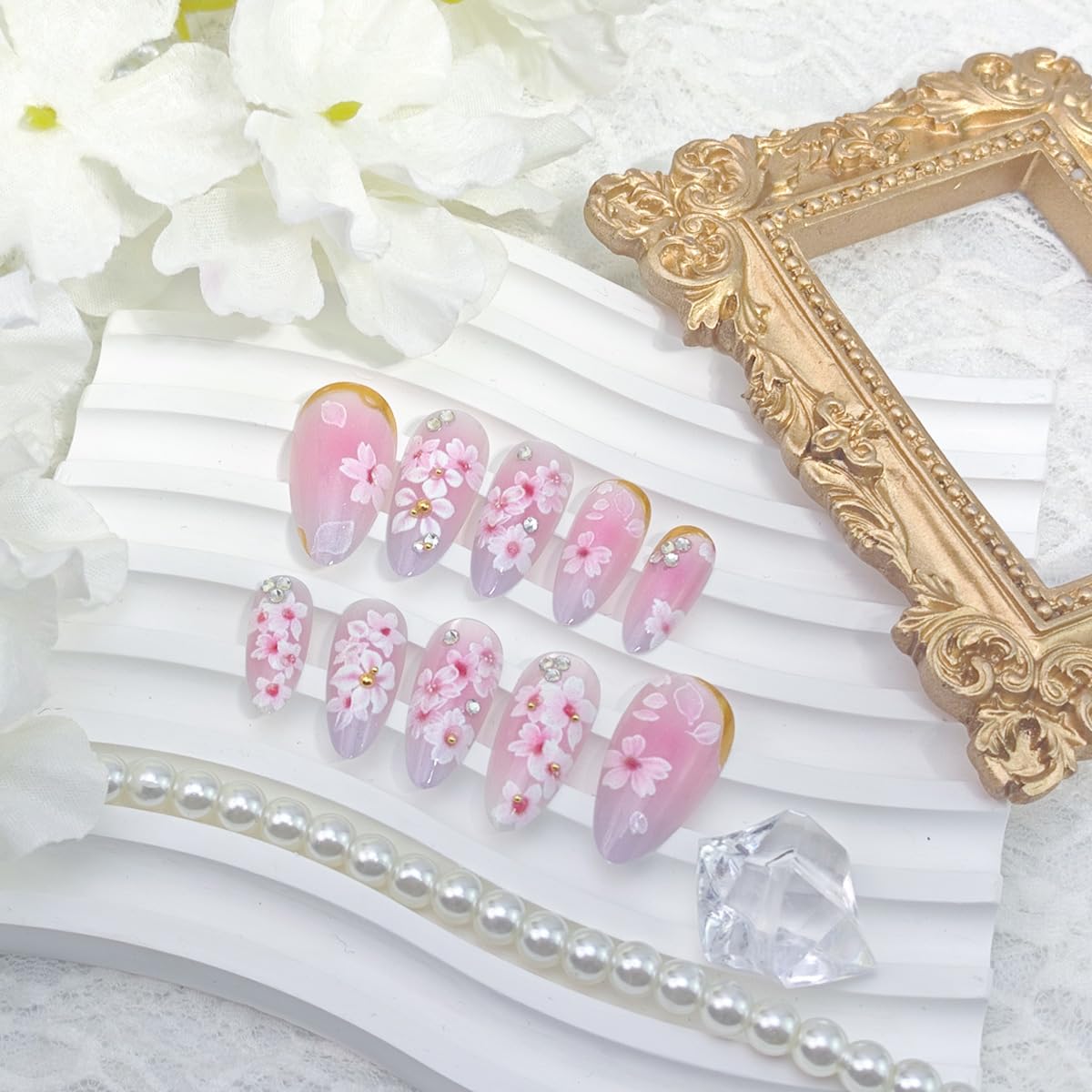 Pink Flower Press-On Nails - Medium Almond Floral Design with Rhinestones & Glitter | 24 Pcs Full Cover Acrylic Nails