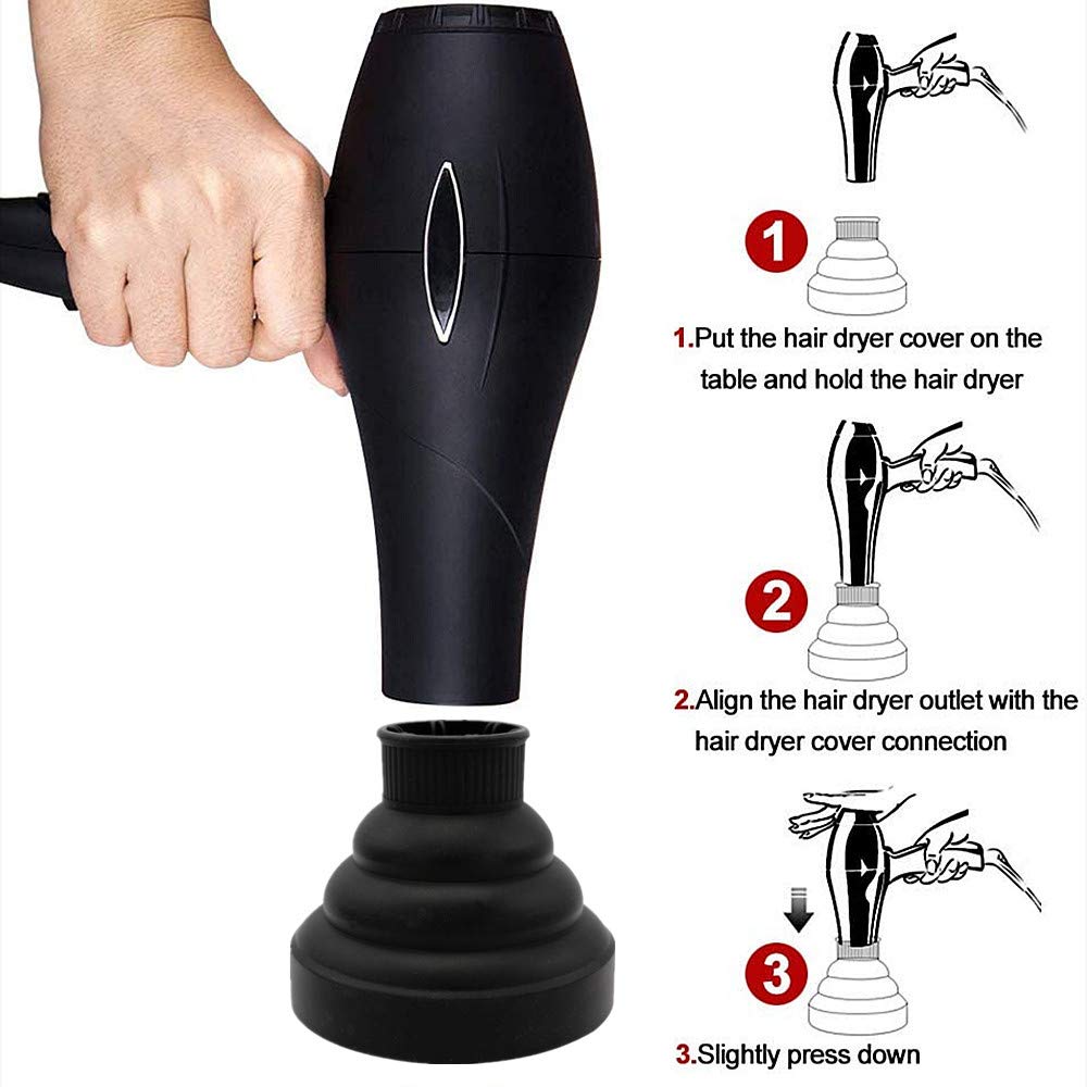 Hair Diffuser Attachment for Curly Hair - Collapsible & Portable Design | Fits 1.65-1.9In Hair Dryers (Black)
