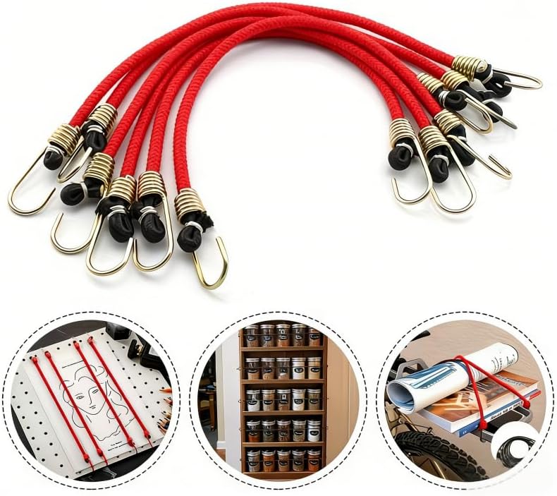 Heavy Duty Bungee Cords - 10 Pack Durable Black Elastic Straps with Metal Hooks for Camping, Cargo Securing & Outdoor Use