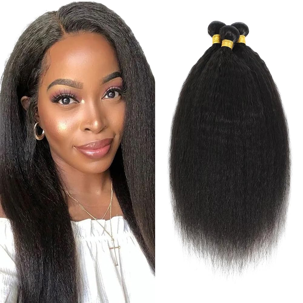 Human Hair Bundles Kinky Straight Bundles 28 30 32 Inch #1B Natural Black Yaki Straight Bundle Unprocessed Brazilian Virgin Weave Hair 3 Bundle 50 Gram Per Bundle