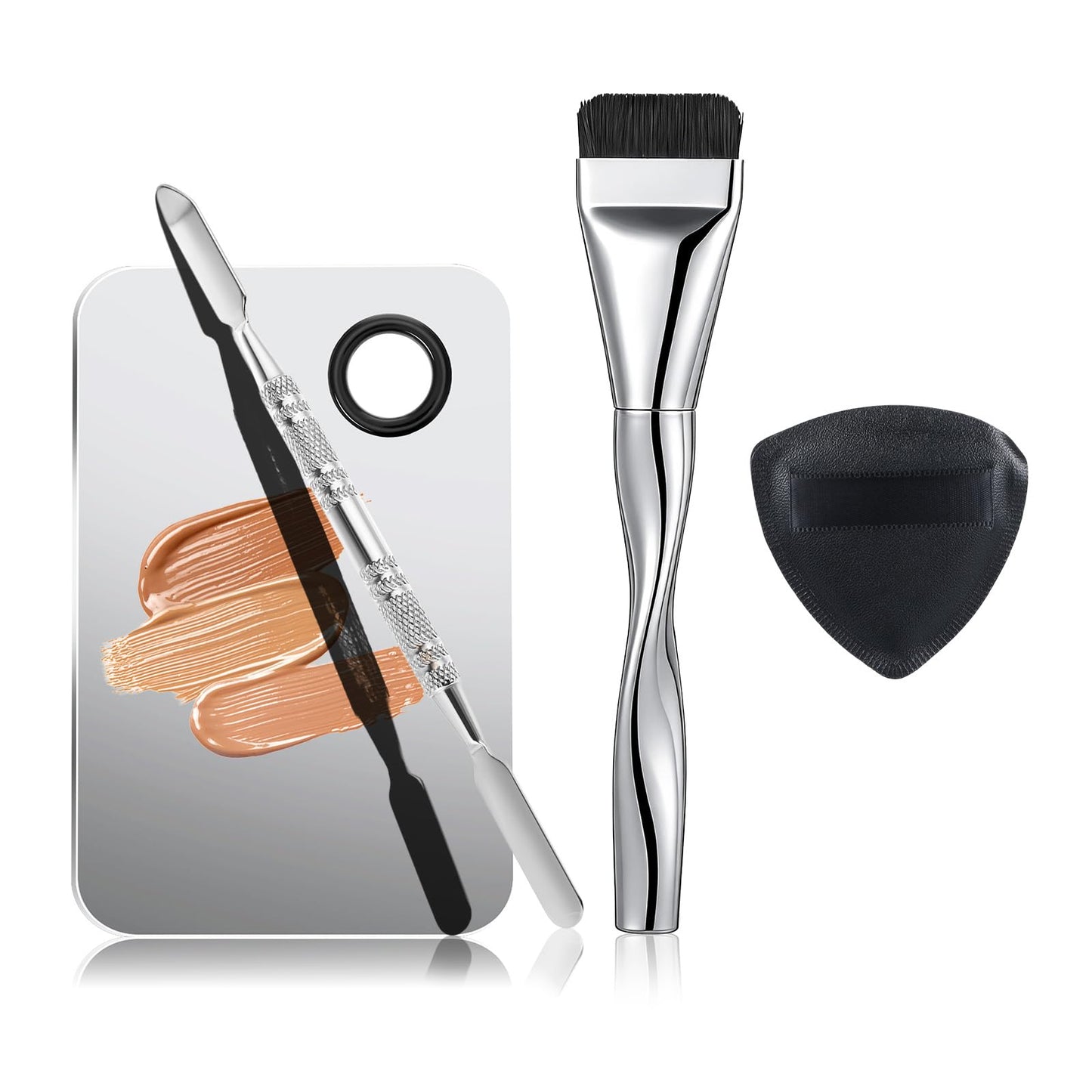 Matwsec 4 Pcs Makeup Mixing Palette with Flat Foundation Brush Dual-Head Make Up Spatula Triangle Powder Puffs, Foundation Palette for Women Girl Korean Facial Cosmetic, Nail Art, Pigment Blending
