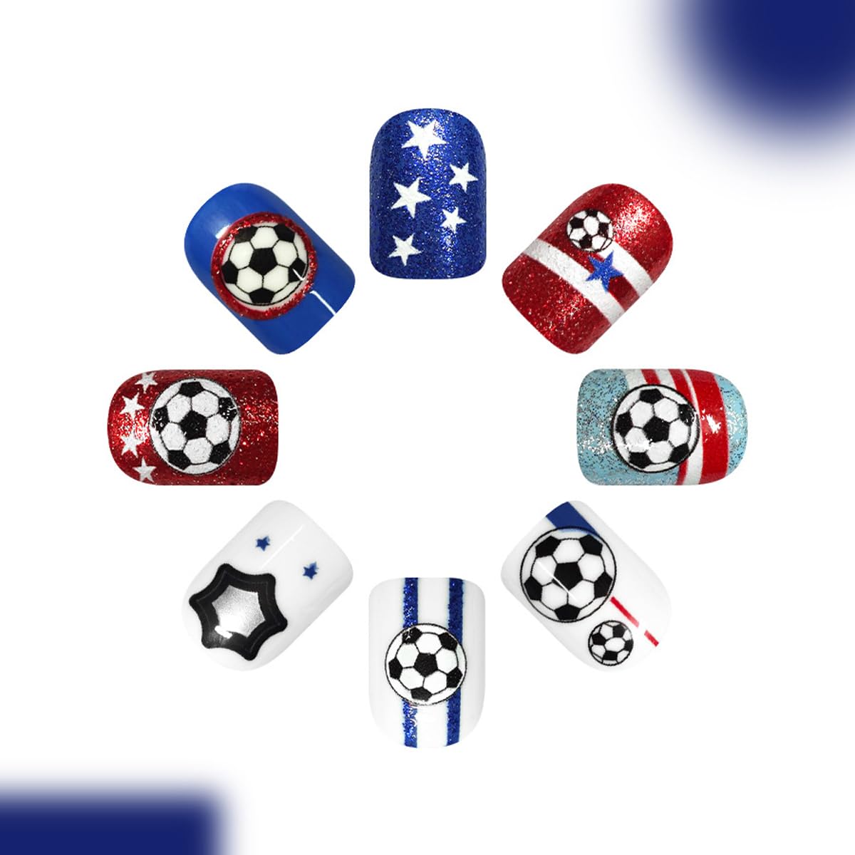 Soccer Press On Nails - Short Square Fake Nails Press ons with Glitter Star & Striped Design Reusable Glue On Nail Full Cover Stick on Nails, World Cup Sports Game Nail Art for Women Manicure 24Pcs