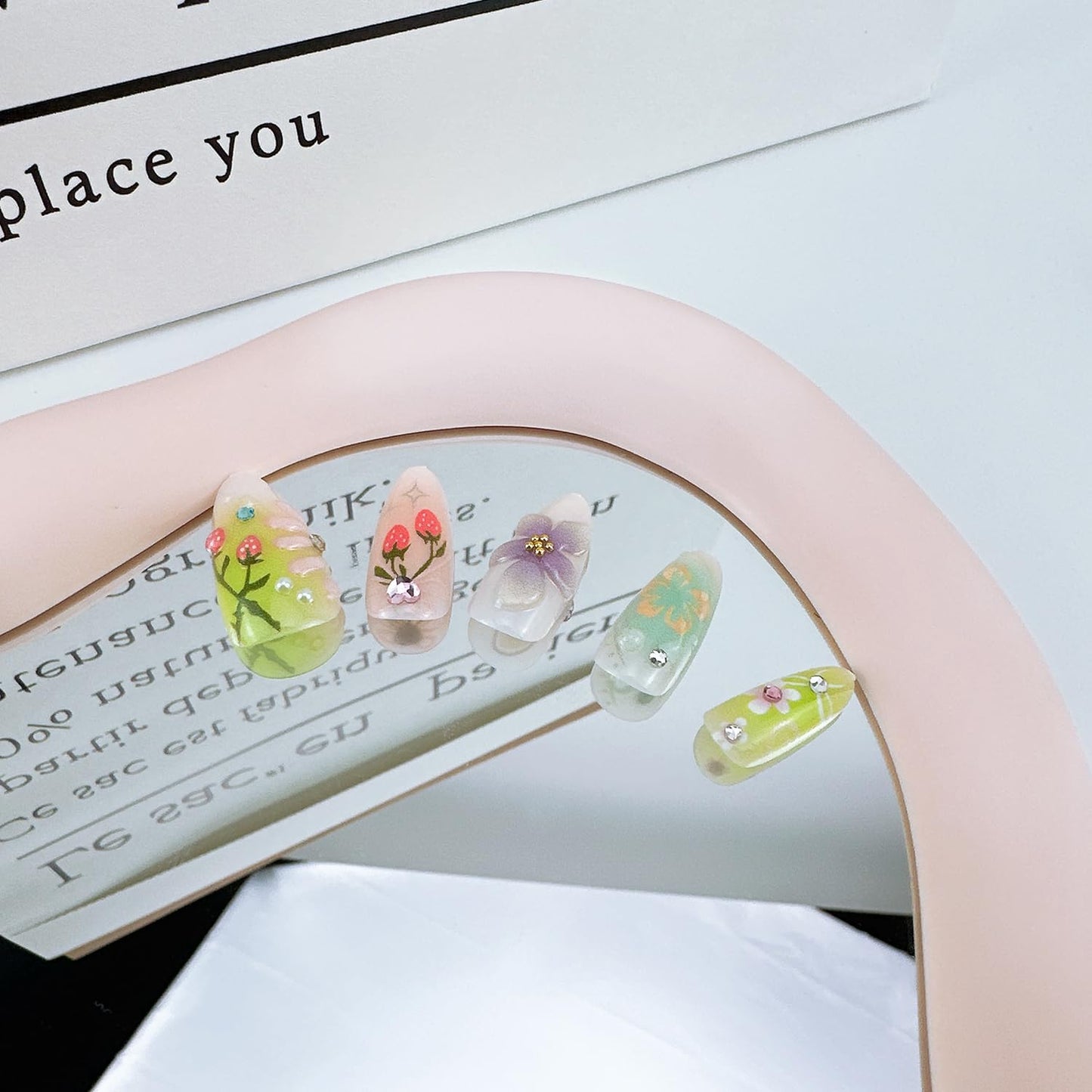 3D Flower Press-On Nails - Medium Almond Shape with Pearl Rhinestones | Cute Strawberry & Pink Bow Designs