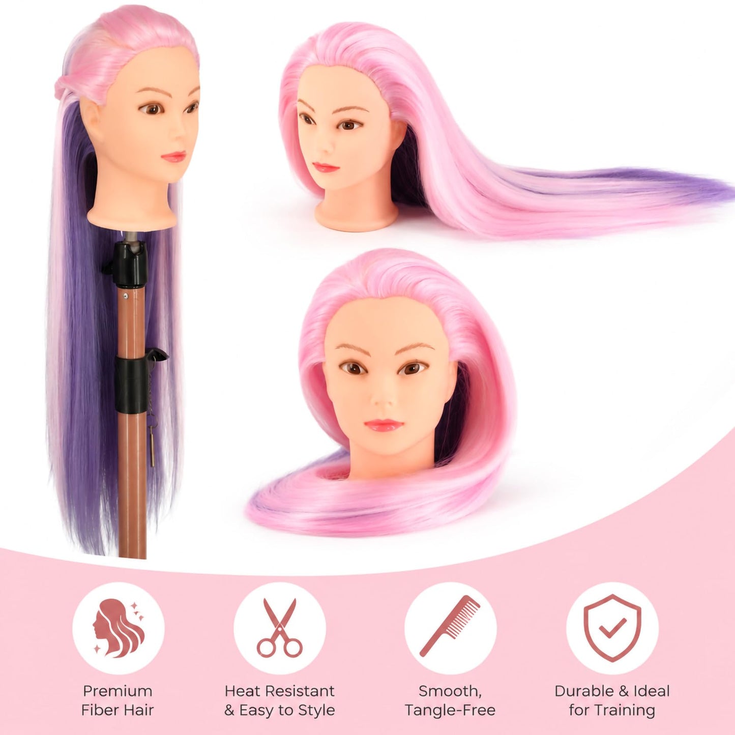 Mannequin Head with Hair,29" Professional Cosmetology Mannequin Head Doll Head for Hair Styling, Braiding, Cutting Practice, Training Head with Clamp + Practice Tools (Pink&Purple)