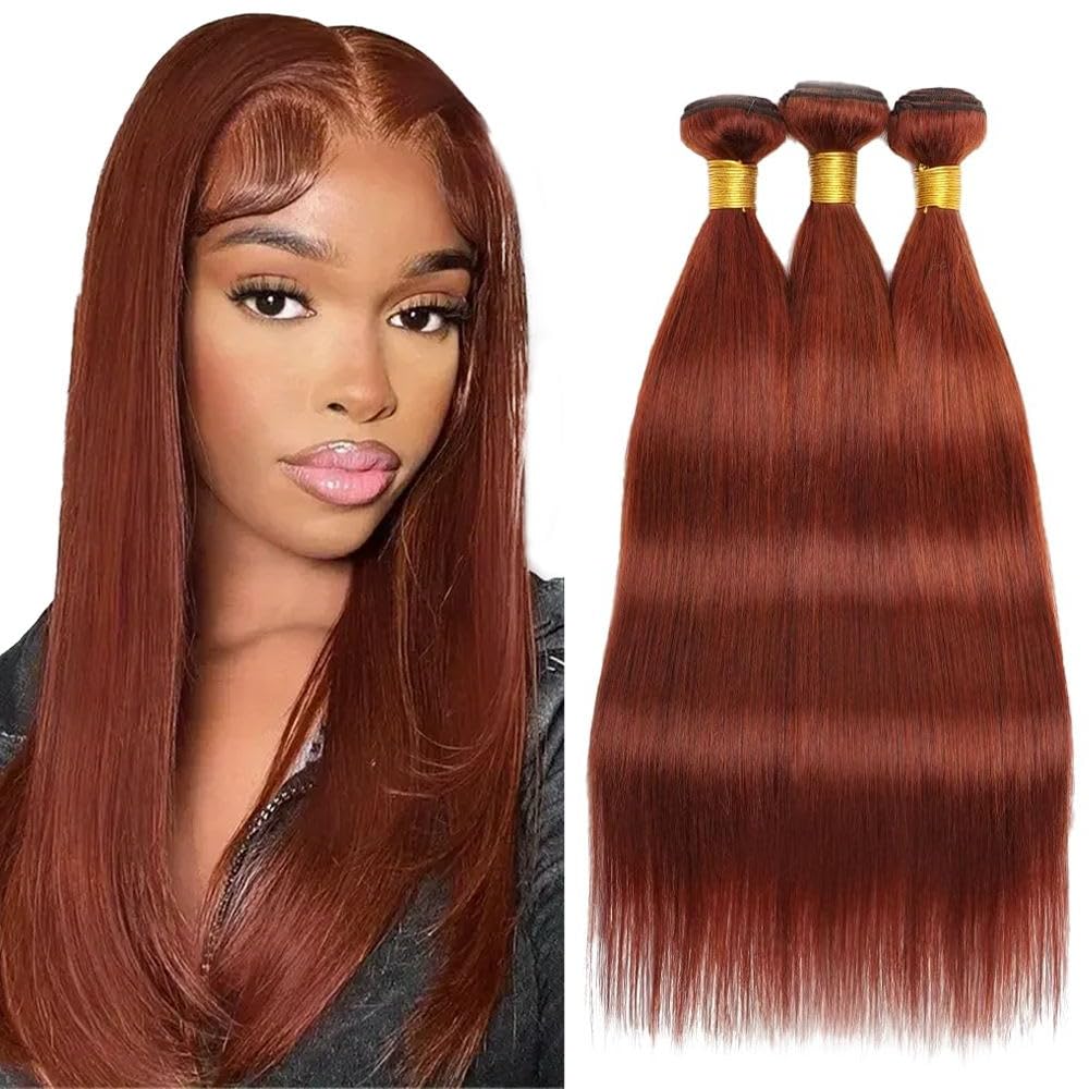 300g Copper Brown Bundles Human Hair Auburn Straight Bundle Huxowax Brazilian Virgin Remy Hair 3 Bundles 14 16 18 Inch Double Weft Reddish Brown Straight Bundle Hair Weave #33 Color 300g