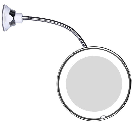 JiBen Flexible Gooseneck LED Lighted 10X Magnifying Makeup Mirror with Power Locking Suction Cup and 360 Degree Swivel, Portable Cordless Travel and Home Bathroom Vanity Mirror