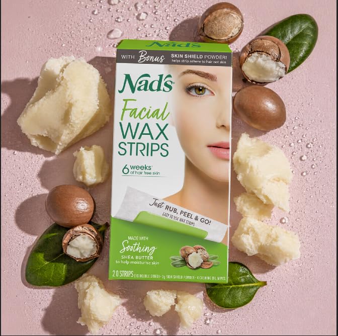 Nad's Facial Wax Strips - Hypoallergenic Facial Hair Removal Kit for Women | 20 Wax Strips + 4 Calming Wipes + Skin Protection Powder