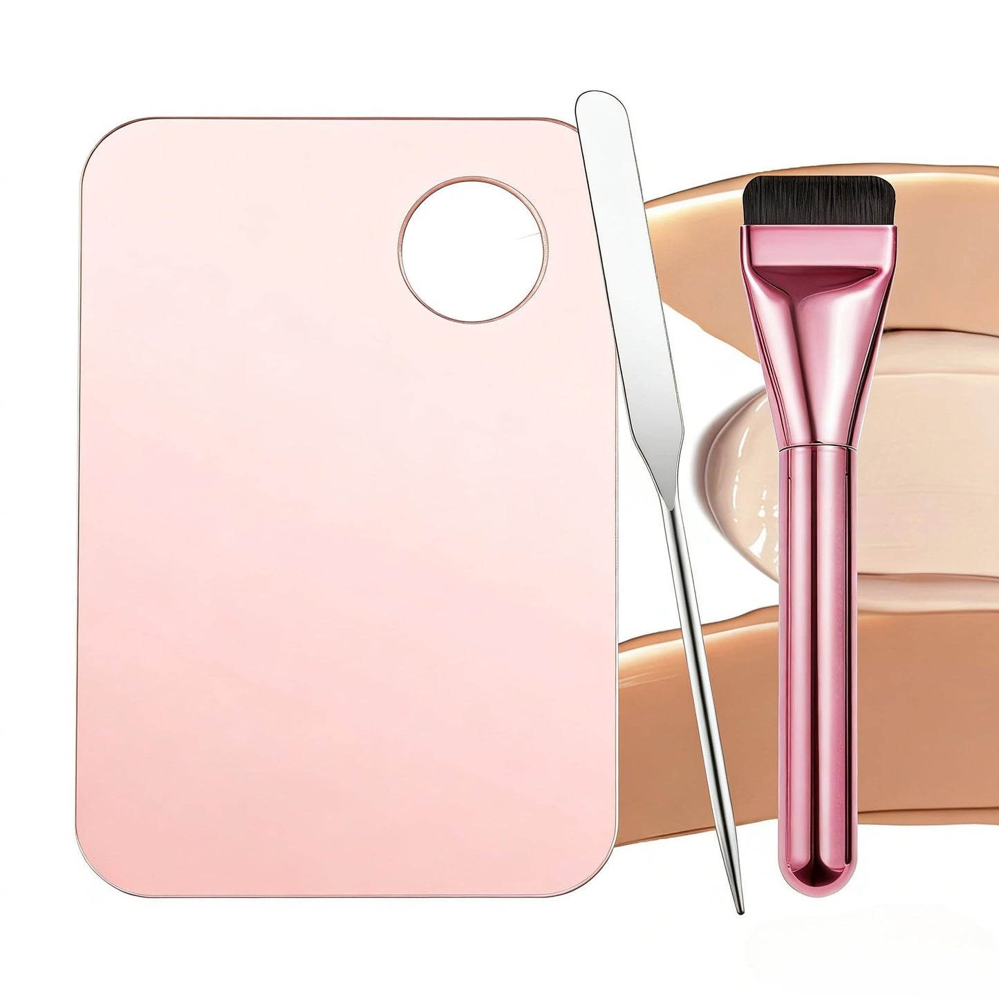 Foundation Makeup Brush with Mixing Palette and Spatula, 3-Piece Cosmetic Tool Set, Pink
