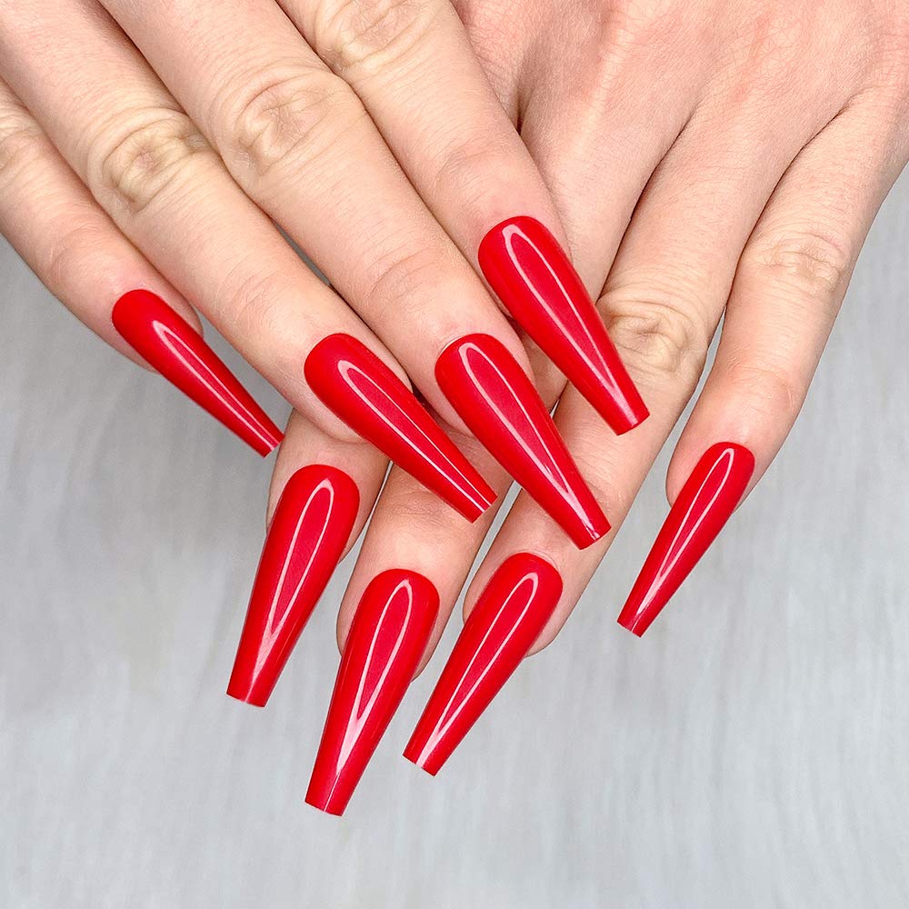 Ballerina Long Coffin Glossy Fake Nails - 24pcs Red Press-On Nail Tips for Women