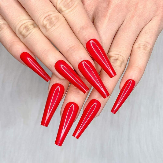 Ballerina Long Coffin Glossy Fake Nails - 24pcs Red Press-On Nail Tips for Women