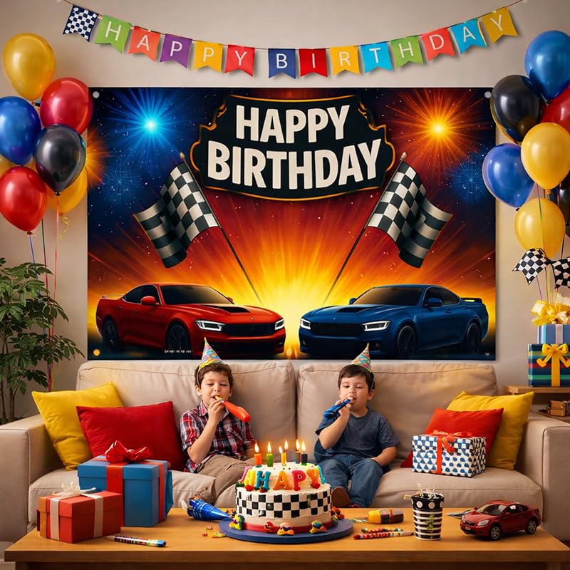 Racing Car Birthday Banner 71x43 Inch - Boys Party Backdrop