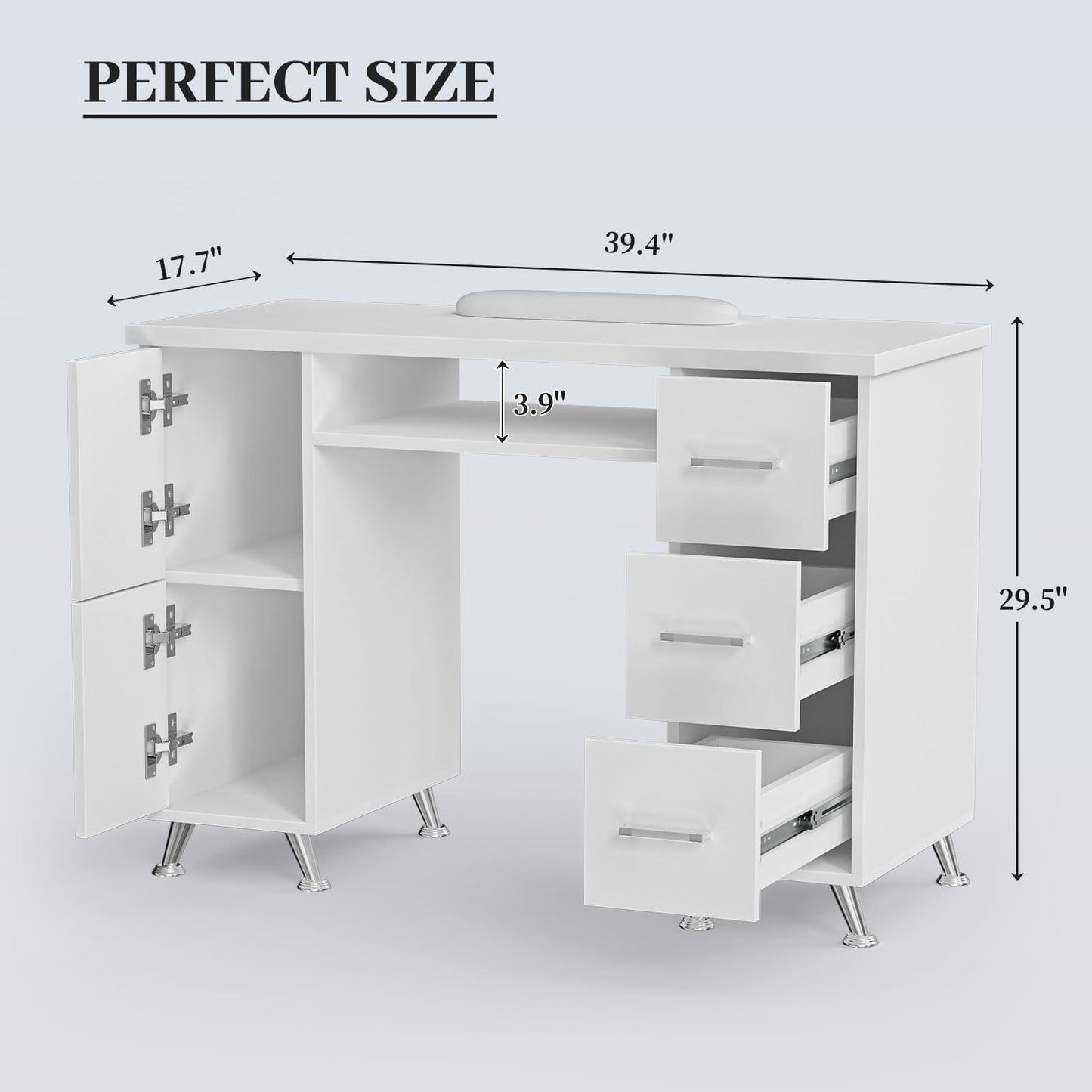 White Nail Desk for Nail Tech,Acetone-Resistant Manicure Table Nail Tech Desk with Drawers Nail Tech Table Station Storage Cabinet, Open Drawer, Wrist Pad, Metal Legs, for Beauty, Salon, Spa Makeup