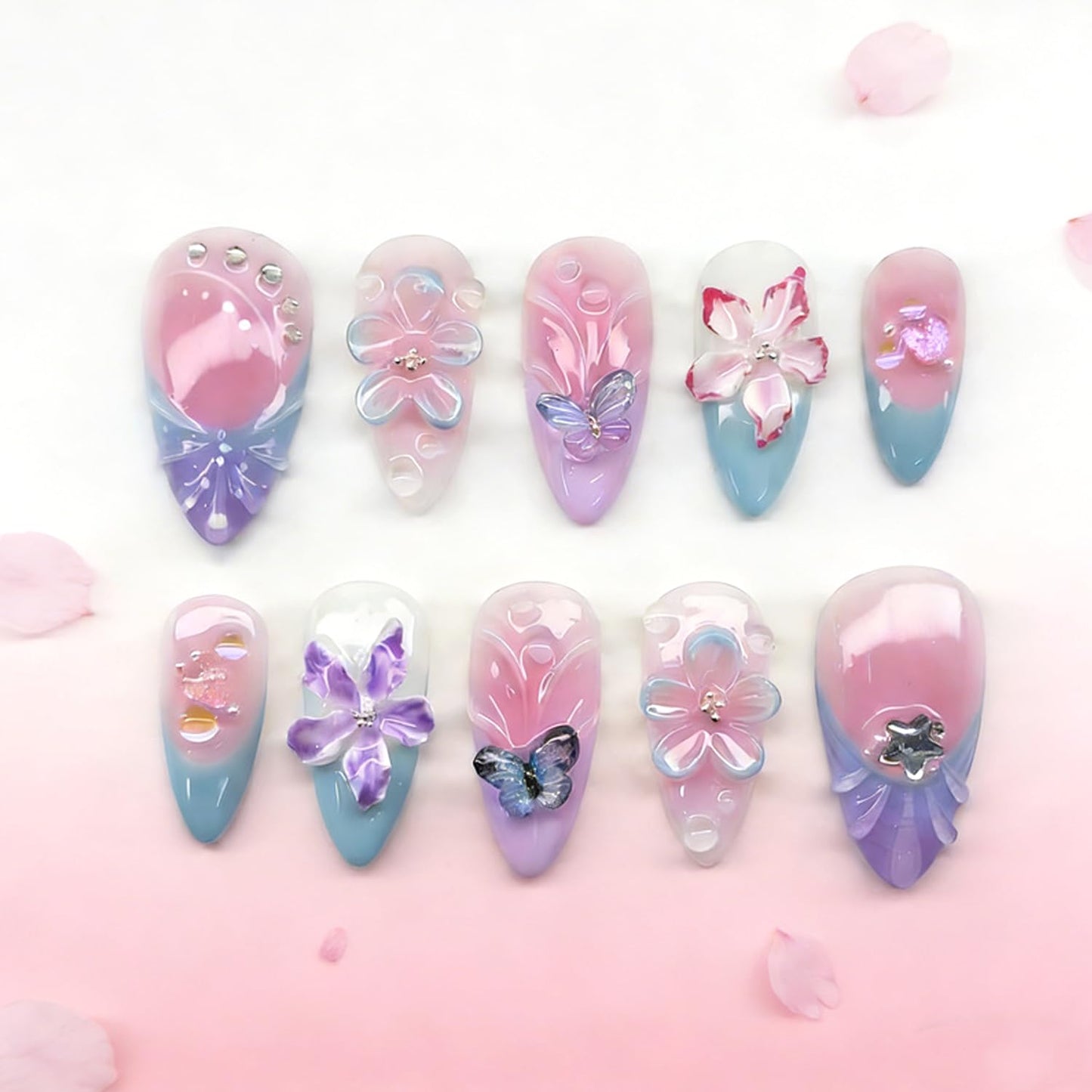 Press-On Nails - 24Pcs Medium Almond Fake Nails with Lotus & Lucky Koi Design | Glossy Full Cover for Spring/Summer DIY Manicure