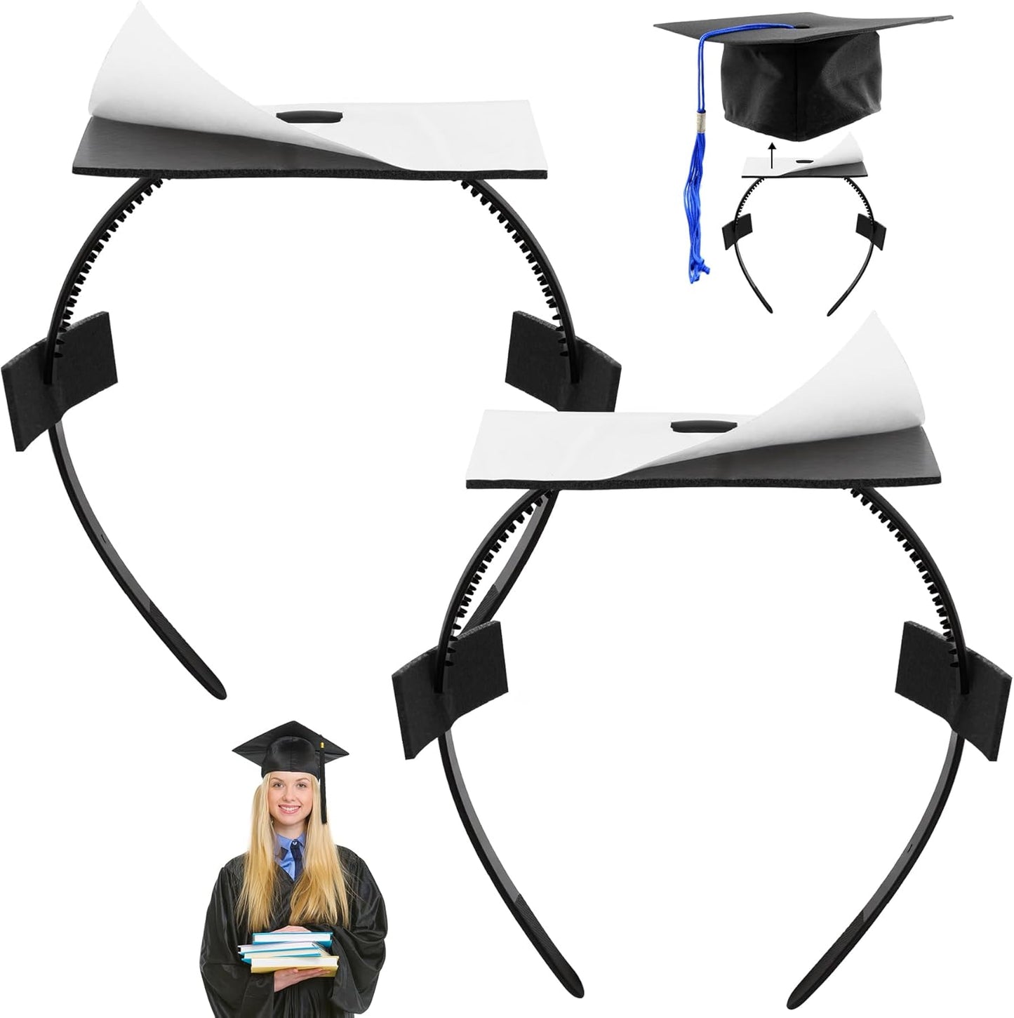 Graduation Cap Headband - 2 Pack Hairband Inserts for Perfect Fit | Black Grad Accessories