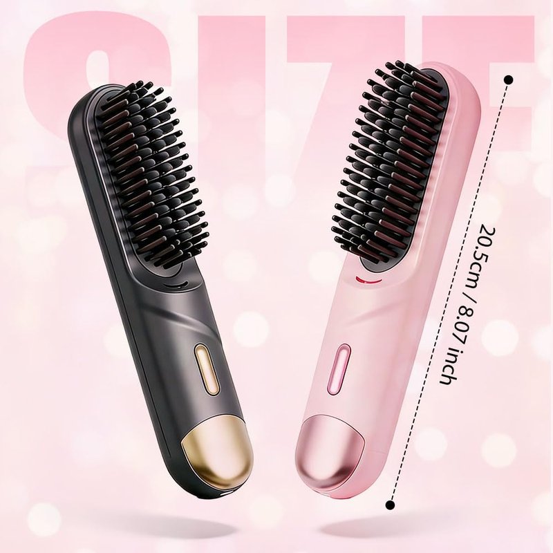 Pro Cordless Hair Straightening Brush - Fast Heating Ceramic for Short Hair | USB-C Rechargeable, Portable Pink Styling Tool