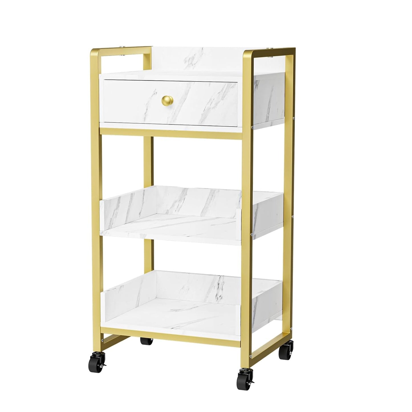 Salon Trolley Cart with Wheels - Mobile Storage Organizer for Beauty Spa | White Marble, 1 Drawer & 2 Trays