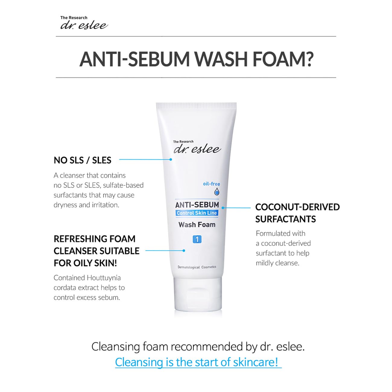 Dr Eslee Anti-Sebum Wash Foam, Facial Cleanser for Oily Skin (100ml) Non-Irritating Dermatological Face Wash Cleansing Foam - Controls Excess Sebum, Soothes Irritation, Sulfate-Free, Korean Skin Care