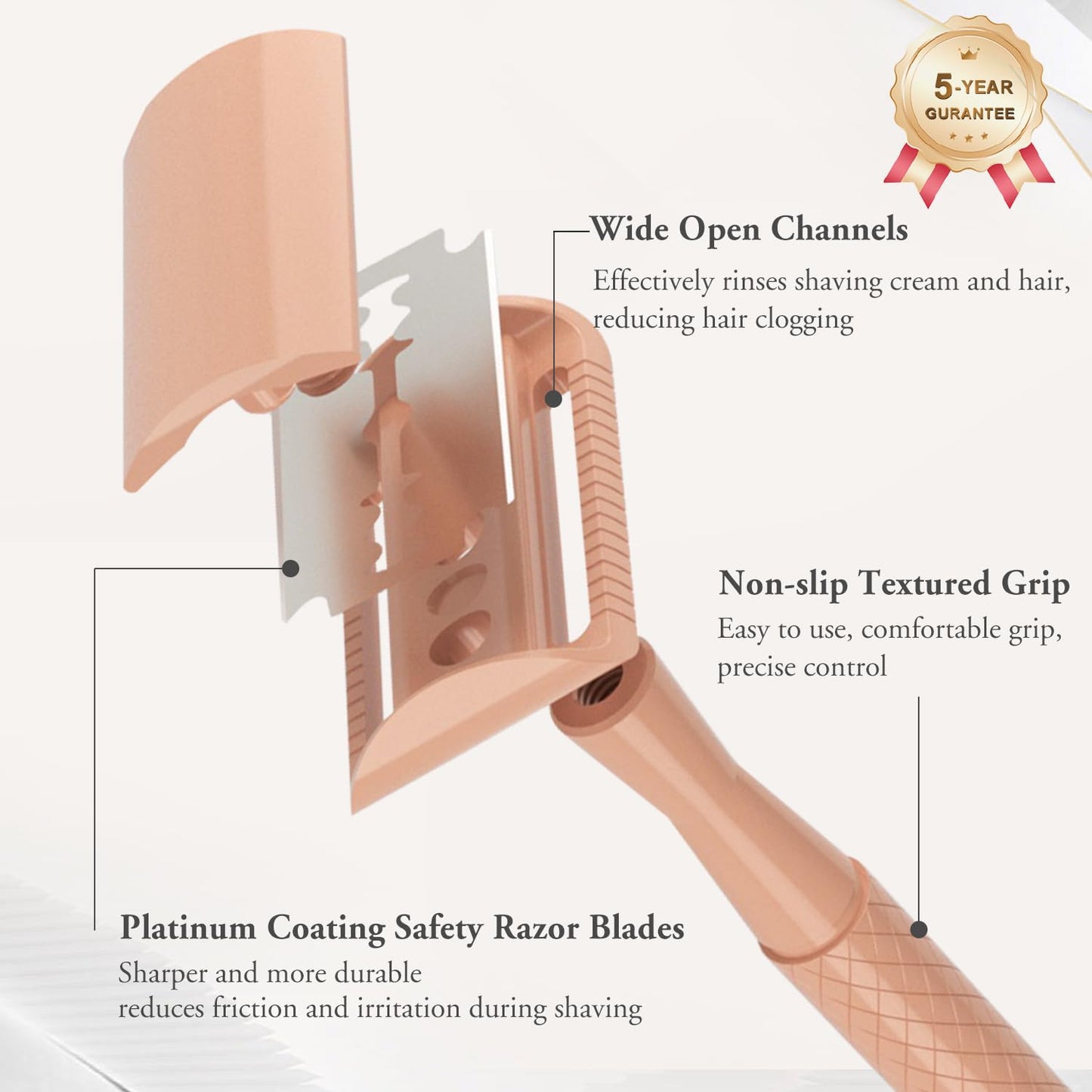 THURLADY Beige Safety Razor, Single Blade Razors for Women, Reusable Metal Razor, with 5 Stainless Steel Double Edge Blades, Smooth Close Shave, Sustainable, Plastic Free