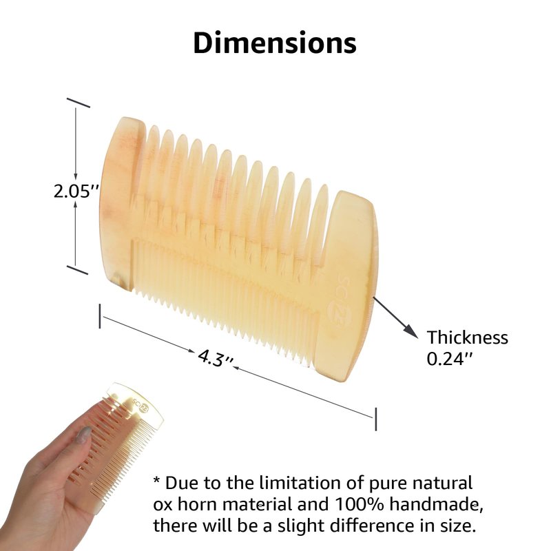 SC123 Untreated 4.3 inch Real Ox Horn Curly Hair Picks Beard Mustache Comb, Handmade Fine Wide Tooth Double Sided Small Pocket Travel, Anti-static Detangling Massage Scalp Gua sha for Women Men