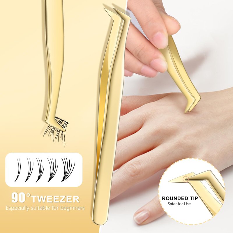 MORGLES Golden Lash Tweezers Set, 5 PCS Professional Eyelash Tweezers for Eyelash Extensions for Beginners & Lash Artists