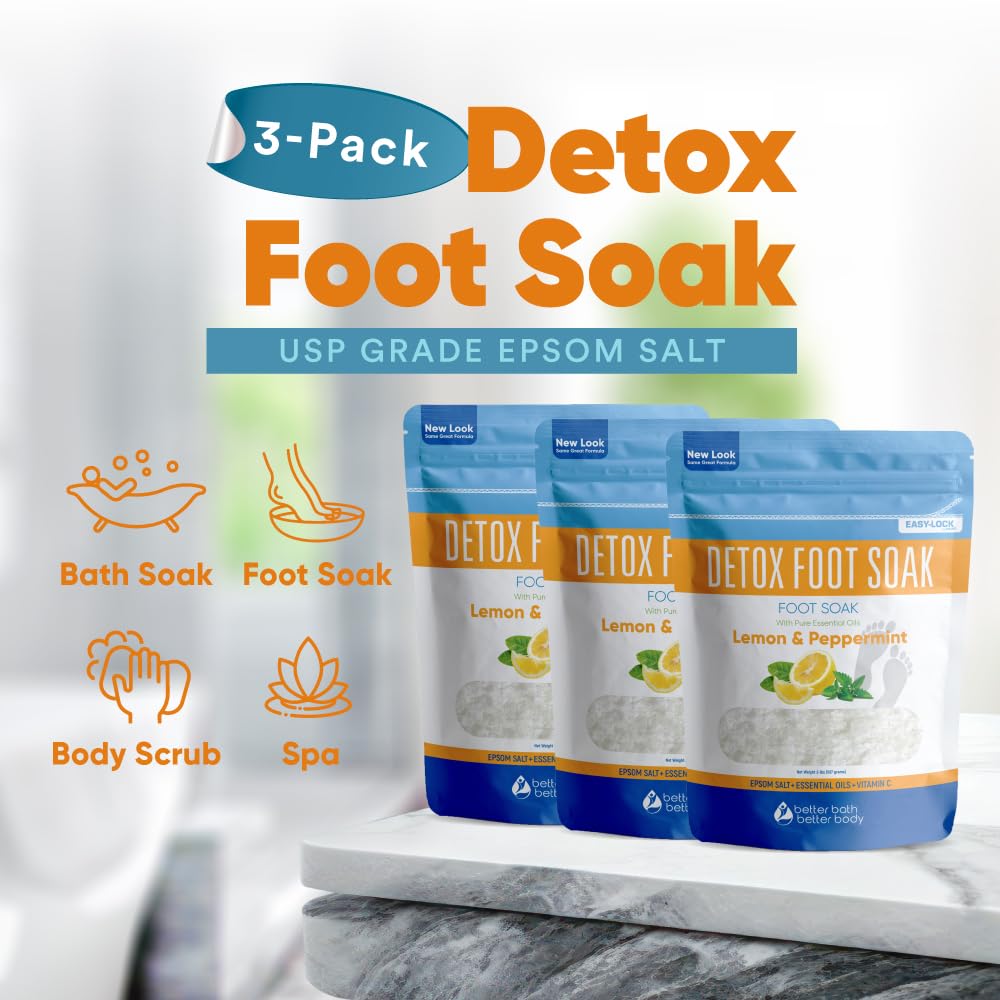 Detox Foot Soak (3 Pack) Epsom Salt Soothing Soaks and Athlete's Foot Detox with Essential Oils in BPA Free Pouch with Press Lock Seal (Bundle with Three 2 Lbs Pouches 6 Lbs Total)