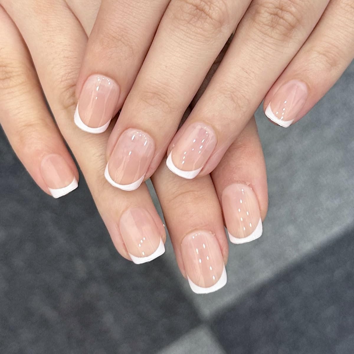 Short Almond Press-On Nails - French Tip & 3D Gold Star Design | Glossy Full Cover Acrylic, Reusable Fake Nails for Women