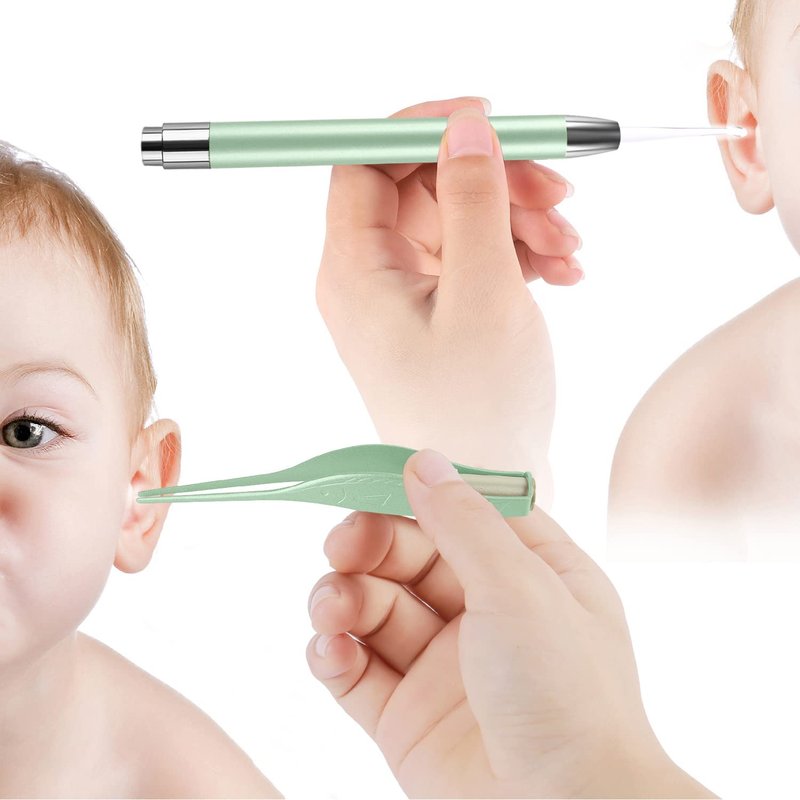 4 Pack Ear Wax Removal Tool Kit with Light, Ear Pick Ear Cleaning Tools Set for Kids and Adults, Ear Picks Digger & Tweezers & Spiral Spring Ear Spoon with Storage Box (Green)