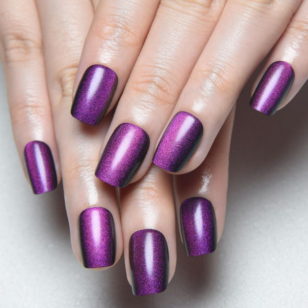 Aqua Blue Cat Eye Press-On Nails - Medium Square Chrome Design | Holographic Glitter Gel Acrylic Reusable
