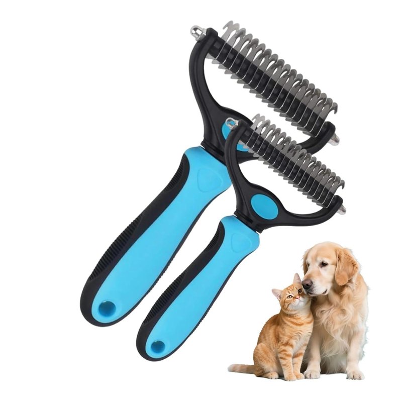 Pet Pro Grooming Tool - Professional Deshedding & Dematting Brush for Dogs & Cats | Stainless Steel Undercoat Rake (Blue, Small & Large)