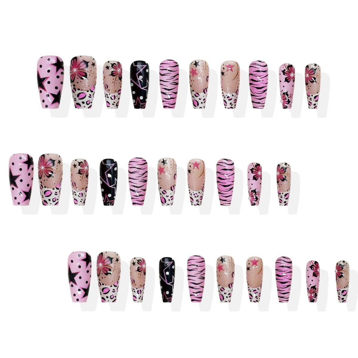 30 Pcs Pink Black Leopard Flower Press On Nails Medium Square Fake Nails with Pearl Designs French Tip Glue on Nails Y2k Cute Artificial Nails Reusable Acrylic False Nails for Women Manicure Salon