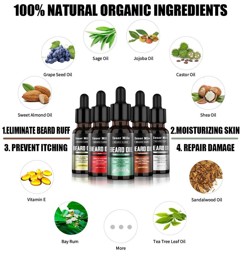 ISNER MILE Beard Oil Kit Stocking Stuffers: Gifts for Men Him Dad Boyfriend, Mustaches Conditioner - Soften - Strength with Sandalwood, Bay Rum, Vanilla, Cologne, Unscented, Beard Grooming and Care