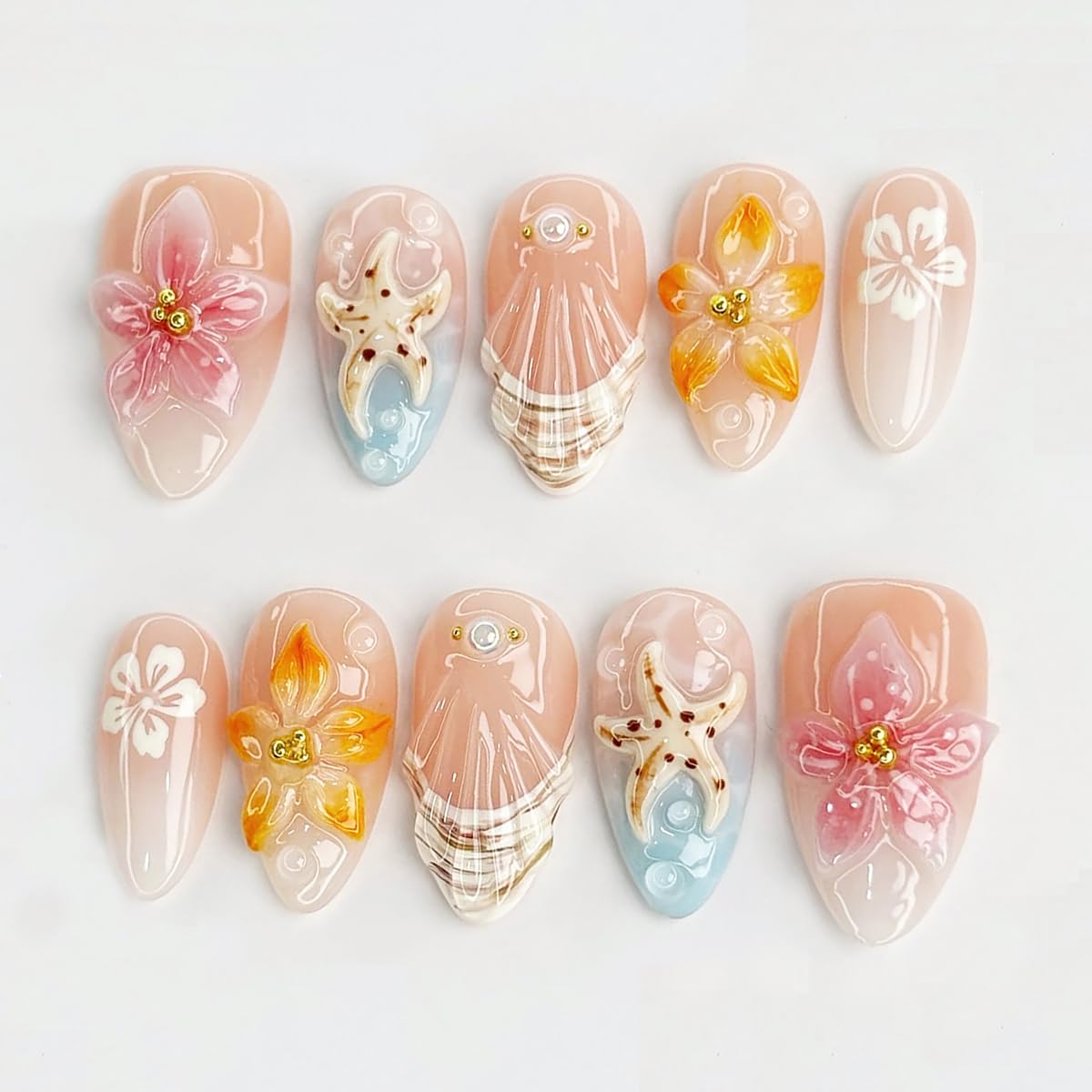3D Pink Flower Press-On Nails - Nude Pink Gradient French Tip | Medium Almond, Reusable 30 Pcs for Weddings