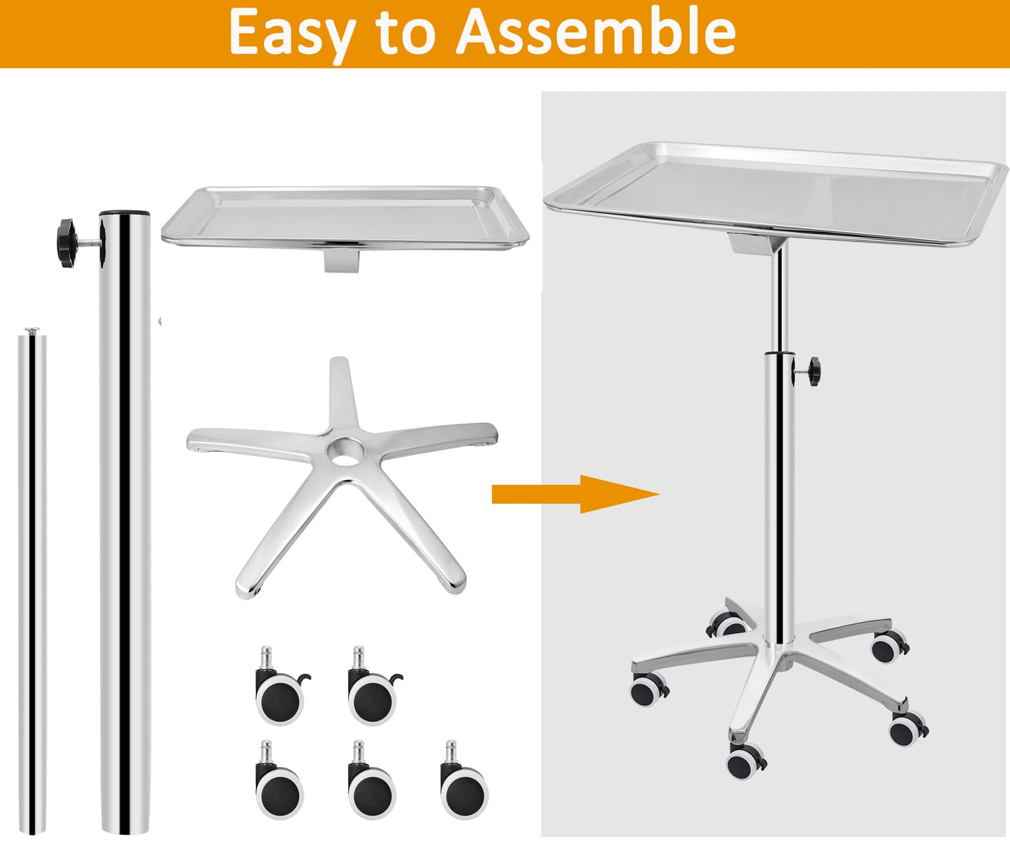 Salon Tray Extra Large Tattoo Tray Premium Stainless Steel Tray cart for Clinic Spa Dental，Rolling Hairstylist Tray Mayo Stand with Brake Wheels