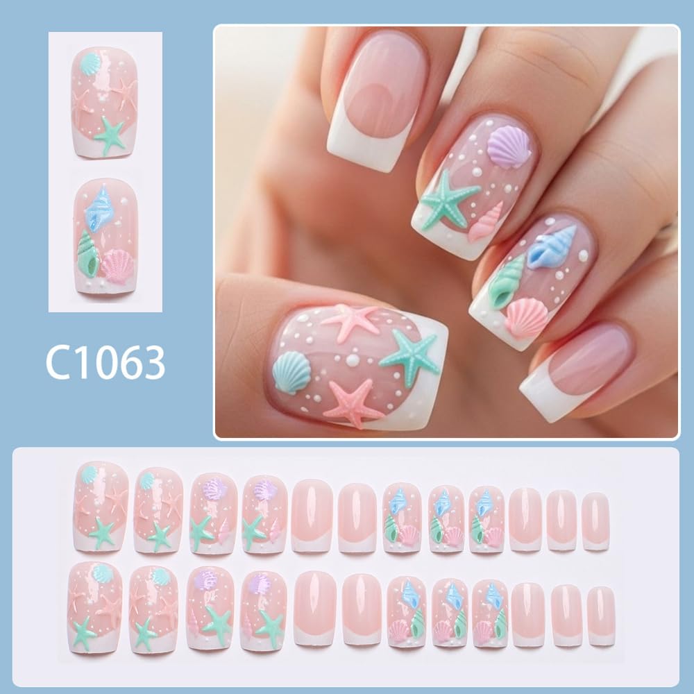 Press On Nails - Short Square Beach Design with Starfish & Shells | 24 Pcs Full Cover Acrylic Fingernails for Women