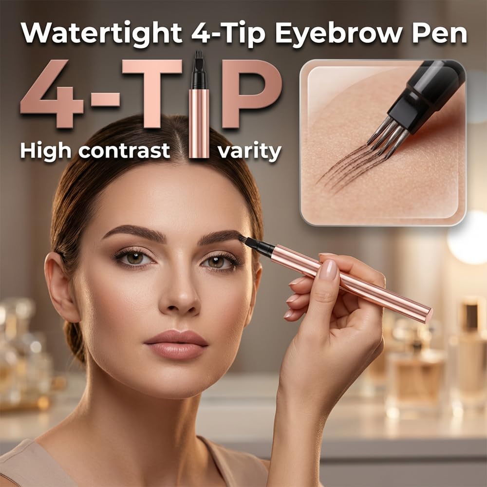 New Microblading Eyebrow Pen, Upgraded 4-Tip 3D Waterproof Eyebrow Pencil, Premium Eye Brow Pen Natural Magic Eyebrow Makeup Fine Stroke Contouring Pencil Long-Lasting Stay on All Day (Dark Brown)
